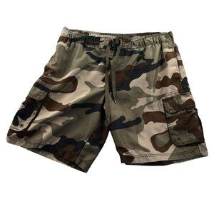 OP Ocean Pacific Mens Cargo Swim Trunks Large Brown Camouflage Swim Shorts Y2K
